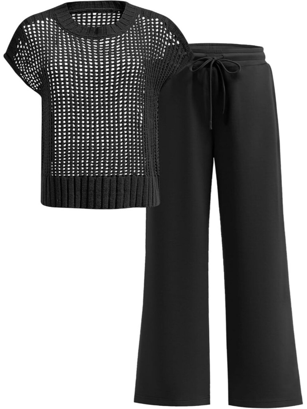 🆕Women Black Two Piece Outfits Crochet Sheer Knit Sweater Top Wide Leg Pants